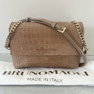 BRUNO MAGLI Croc Embossed Italian Leather Chain Strap Shoulder Bag NEW